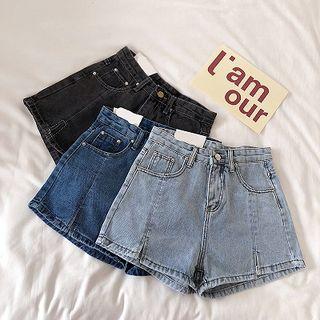 Plain High-waist A-line Denim Shorts