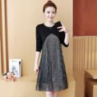 Elbow-sleeve Two-tone Mesh Panel A-line Dress