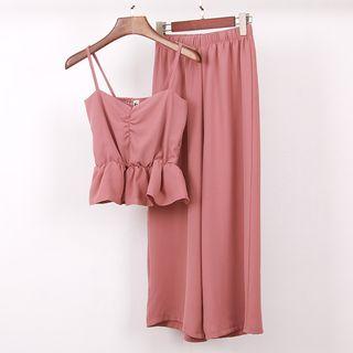 Set :spaghetti Strap Top + Cropped Chiffon Pants
