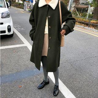 Fleece-collar Raglan-shoulder Midi Coat