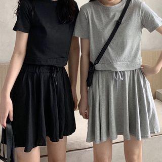 Set: Short-sleeve Cropped T-shirt + Drawstring-waist Mini A-line Skirt