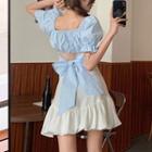 Short-sleeve Bow-back Top / Mini A-line Skirt