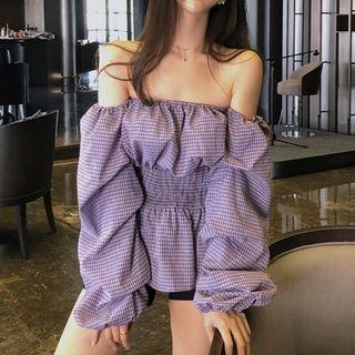 Off-shoulder Long-sleeve Plaid Top Purple - One Size