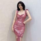Spaghetti Strap Glittered Bow Mini Dress