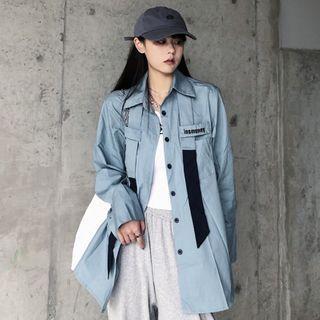 Lettering Embroidered Long-sleeve Button-down Shirt
