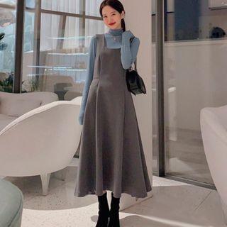 Mock-turtleneck Long-sleeve T-shirt / Midi Pinafore Dress