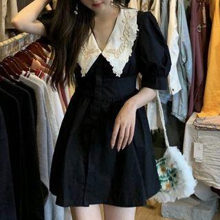 Puff-sleeve Pointed Collar Contrast Mini A-line Dress