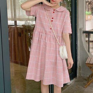 Peter-pan-collar A-line Dress Plaid - Red - One Size