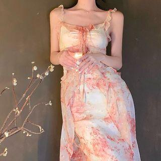 Spaghetti Strap Floral Ruffled Midi Dress