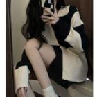 Two-tone Zip-up Cardigan Black & White - One Size