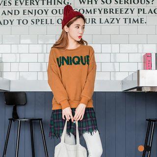 Mock Two Piece Check Shirt Hem Letter Pullover