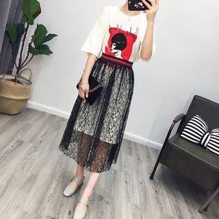 Set: Print Short-sleeve T-shirt + Lace Skirt