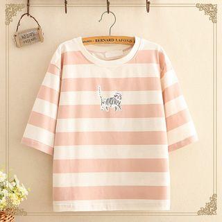 Cat Print Color-block Stripe Short-sleeve Top