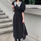 Puff-sleeve Collared Blouse / Maxi A-line Overall Dress