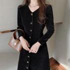 Long-sleeve Midi A-line Corduroy Dress Black - One Size