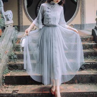 Set: Elbow-sleeve Mesh Qipao Top + Skirt