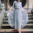 Set: Elbow-sleeve Mesh Qipao Top + Skirt