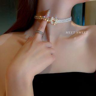 Rhinestone Faux Pearl Choker 1 Pc - Gold - One Size