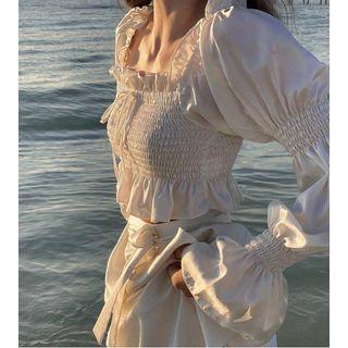 Puff-sleeve Square-neck Smocked Blouse
