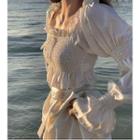 Puff-sleeve Square-neck Smocked Blouse