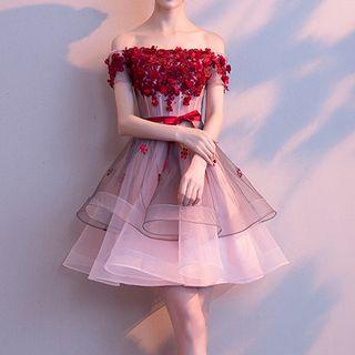 Flower Applique Off Shoulder Short Sleeve Cocktail Dress