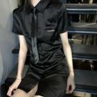 Set: Short-sleeve Lettering Mini A-line Shirtdress + Tie With Tie - Dress - Black - One Size