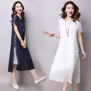 Set: Slit Short-sleeve Midi Dress + Slipdress