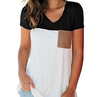 Color Panel V-neck Short-sleeve T-shirt