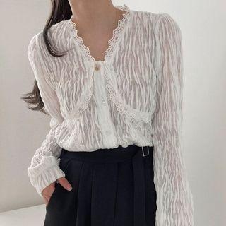 V-neck Lace Button-up Blouse