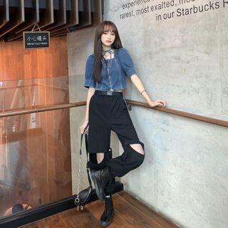 Balloon-sleeve Denim Blouse / Cutout Harem Pants