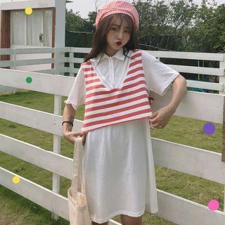 Set: Elbow-sleeve Polo Dress + Striped Tank Top Top - Red & White & Dress - White - One Size