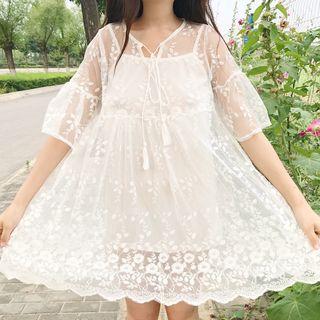 Set: Lace Elbow-sleeve A-line Dress + Camisole Top White - One Size