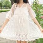 Set: Lace Elbow-sleeve A-line Dress + Camisole Top White - One Size