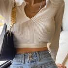 Collared Tie-back Knit Crop Top