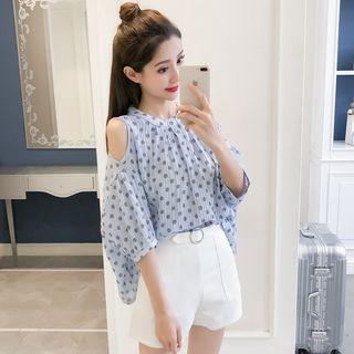 Dotted Elbow-sleeve Cold-shoulder Chiffon Blouse
