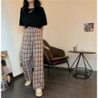 Plaid Wide-leg Pants Red - One Size