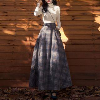 Long-sleeve Mock-tie Knit Top / Plaid Maxi A-line Skirt / Set