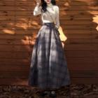 Long-sleeve Mock-tie Knit Top / Plaid Maxi A-line Skirt / Set