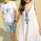 Couple Matching Set: Short-lettering Print T-shirt + Sleeveless A-line Mini Dress