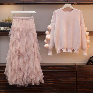 Set: Pom Pom Sweater + Layered Midi Mesh Skirt