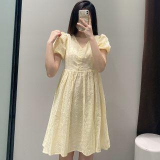 Puff-sleeve Eyelet Lace Mini A-line Dress