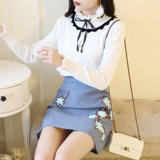 Set: Bow-accent Ruffled Knit Top + Embroidered Skirt