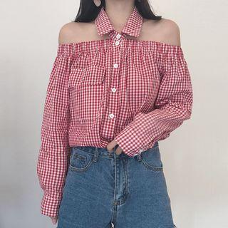 Gingham Off Shoulder Long Sleeve Blouse