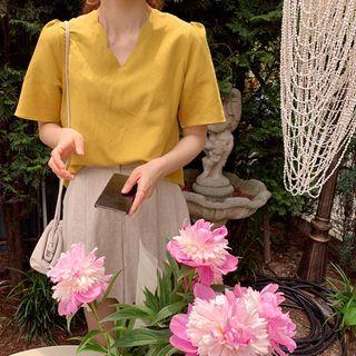 Scallop-trim Linen Blend Top