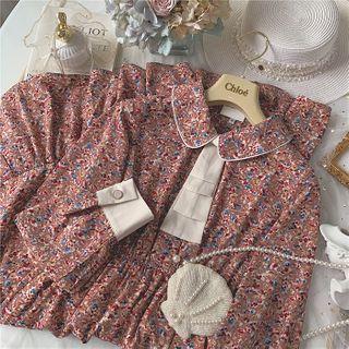 Floral Tie-neck Long-sleeve Midi A-line Dress