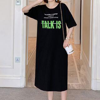 Cross-back Lettering Short-sleeve Midi T-shirt Dress
