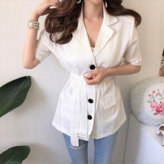 Short-sleeve Sashed Linen Blazer