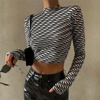 Stand Collar Striped Cropped T-shirt