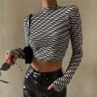 Stand Collar Striped Cropped T-shirt
