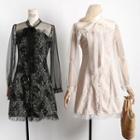 Tie-neckline Sheer-panel Lace Dress